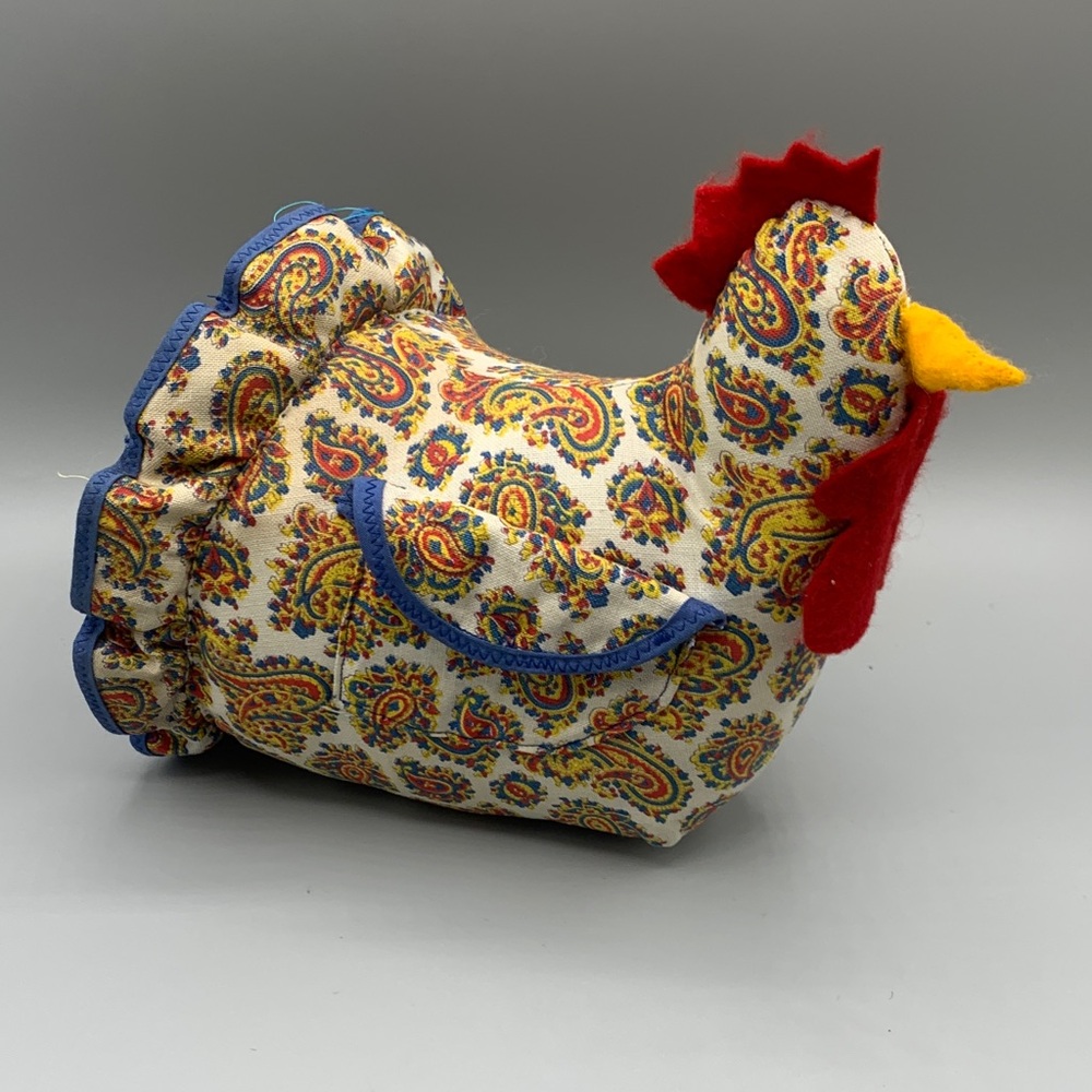 Vintage Red Yellow Blue Paisley Fabric Chicken Thread Holder Pin Cushion OOAK